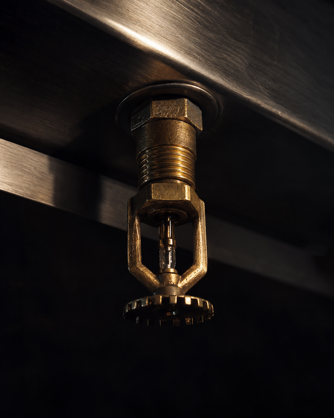 Brass kitchen suppression nozzle mounted under a stainless steel hood